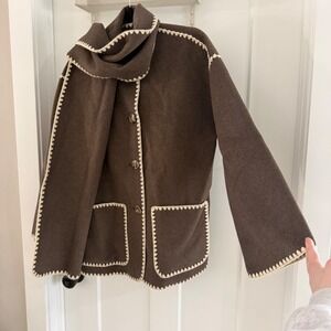 Quince Double-Faced Merino Wool Scarf Coat Cocoa Melange Brown Blanket Stitch XS